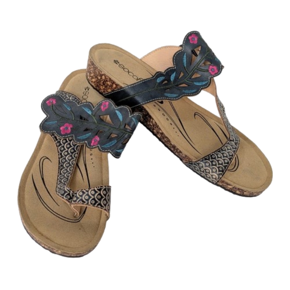 Socofy Bohemian Floral Patterned Wedge Thong Slide Sandals EU 42 US 11